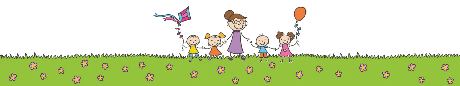 Cartoon illustration of a family and young children relaxing together on the grass